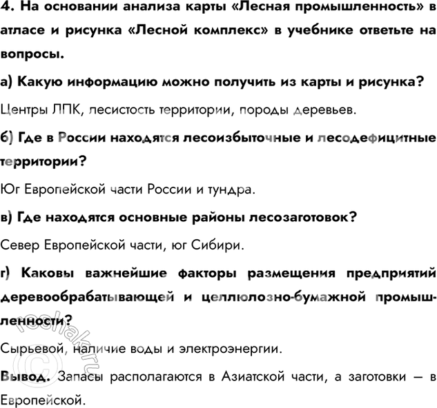 Изображение 4. На основании анализа карты «Лесная промышленность» в атласе и рисунка «Лесной комплекс» в учебнике ответьте на вопросы.a) Какую информацию можно получить из карты и...