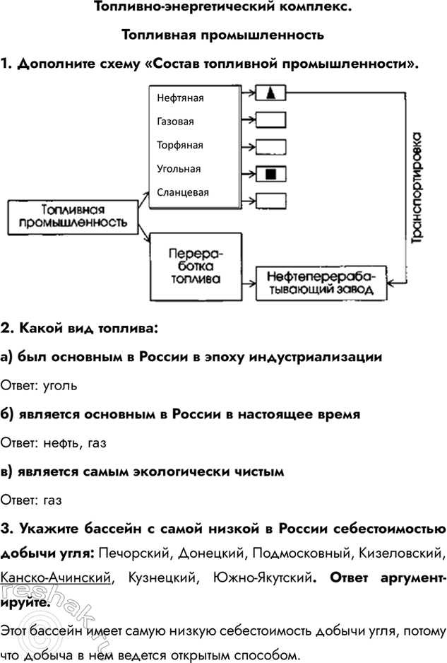 Изображение Топливно-энергетический комплекс.Топливная промышленность1. Дополните схему «Состав топливной промышленности».2. Какой вид топлива:a) был основным в России в...